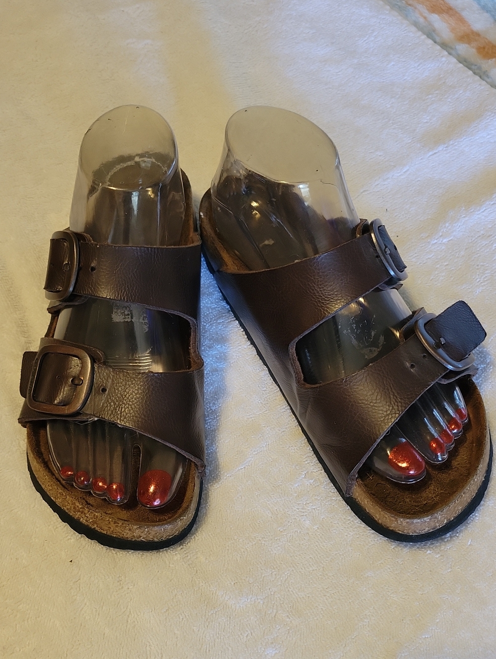 Classic Double-Buckle Brown Leather Slide Sandals.